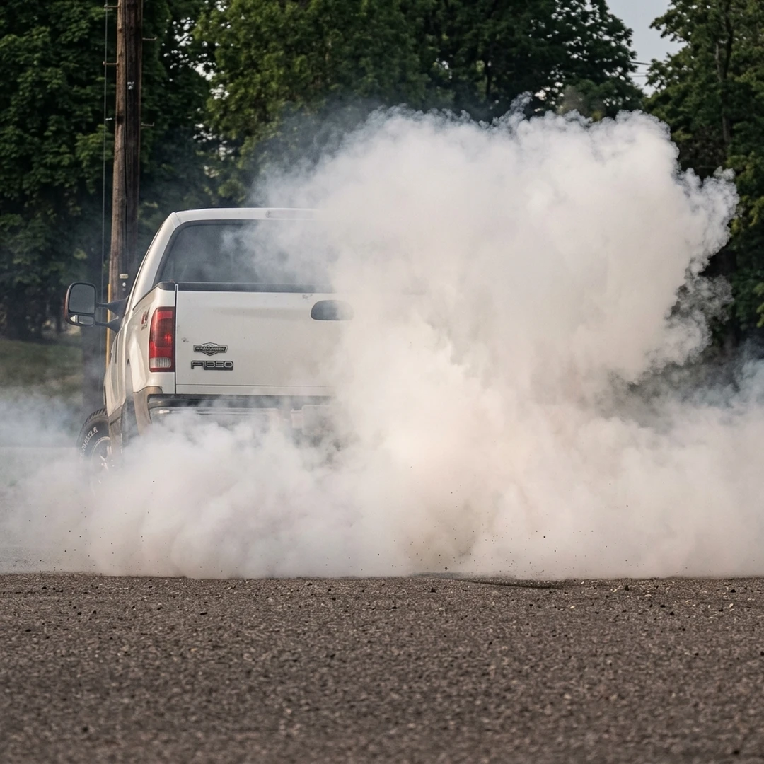 Greg Stimac, Peeling Out, 2007, white pickup truck peeling out with tire smoke.