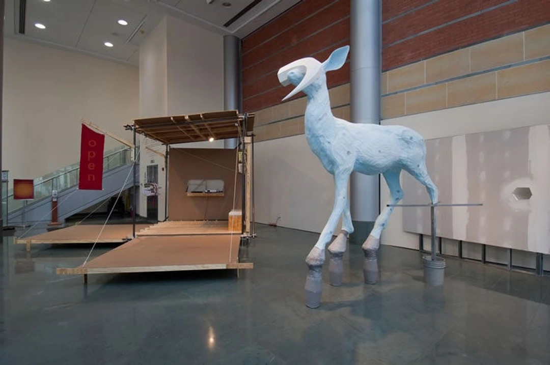 Philip Spangler and Aaron Walker (CS13), Open Source Project Space (prototype), 2011, modular cardboard structure at the Weston Art Gallery.