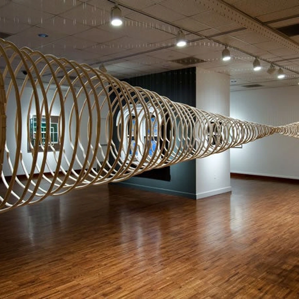 Terry Berlier, Perfect Lovers, 2011, square detail of concentric plywood rings installation at the Weston Art Gallery.