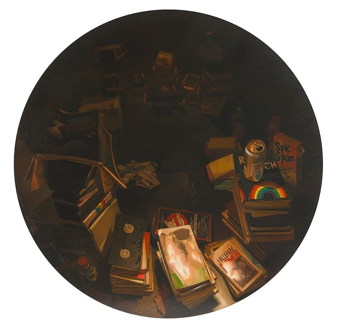 Neil Callander, Dusty's Stacks, 2011, oil on muslin on panel, 38 in. diameter.