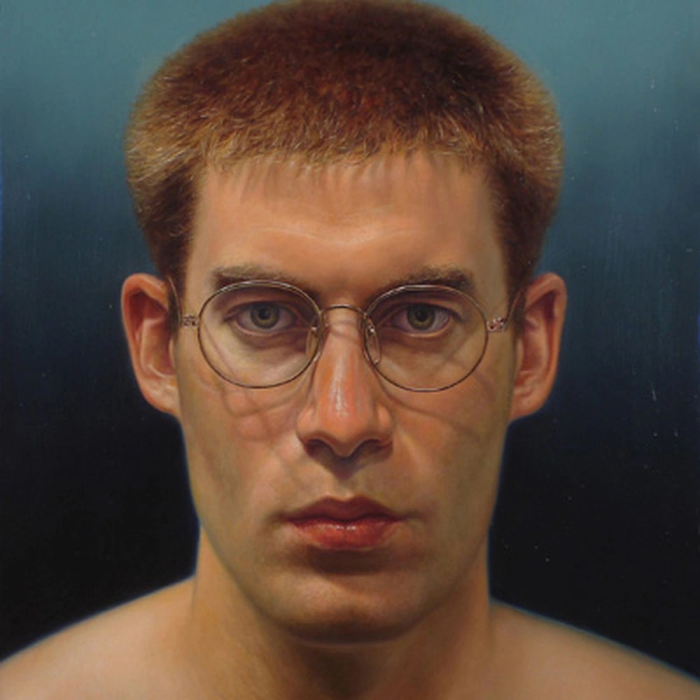 Derek Wilkinson, Self-Portrait with Glasses, 2011. Detail of graphite and oil portrait.