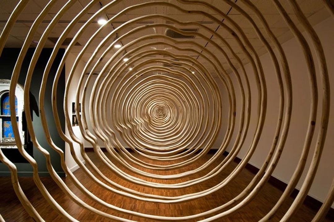 Terry Berlier, Perfect Lovers (detail), 2011, concentric plywood rings suspended by monofilament at the Weston Art Gallery.