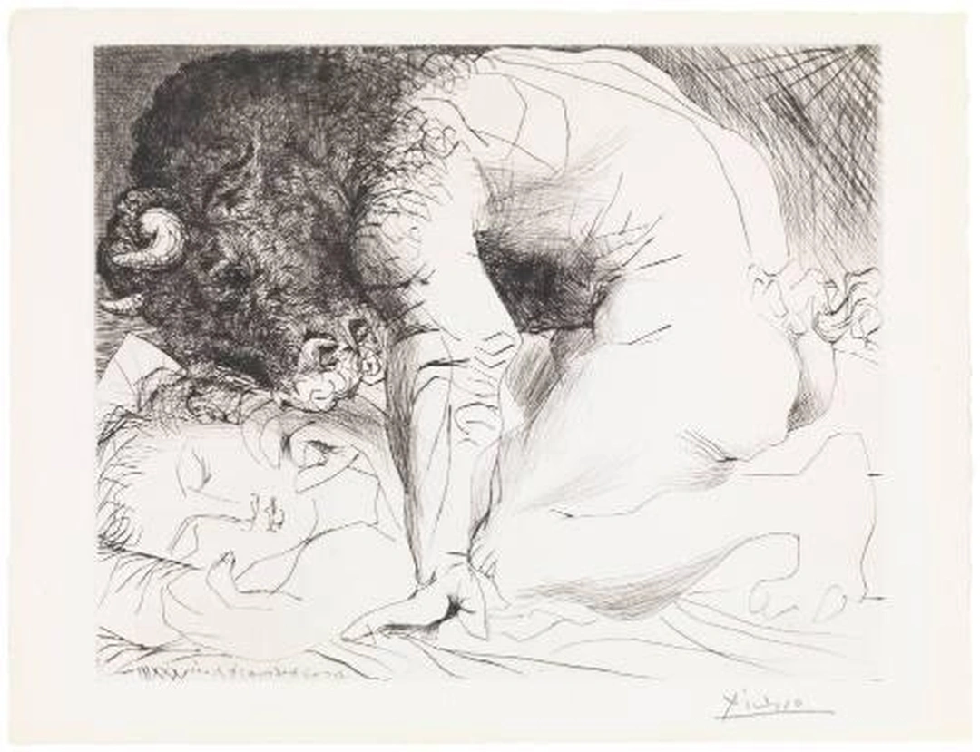 Pablo Picasso, Minotaur Caressing a Sleeping Girl, 1933, drypoint from the Suite Vollard. Cincinnati Art Museum.