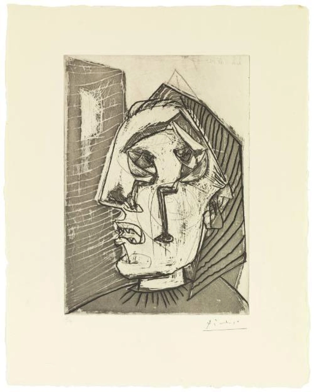 Pablo Picasso, Weeping Woman in Front of Wall, 1937, aquatint and drypoint. Cincinnati Art Museum.