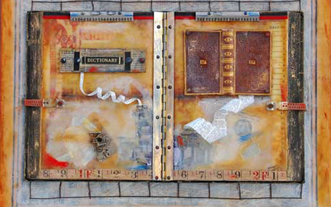 Raymond Papka, "I Saw Eternity the Other Night", encaustic and found object assemblage on altered books. Marta Hewett Gallery.
