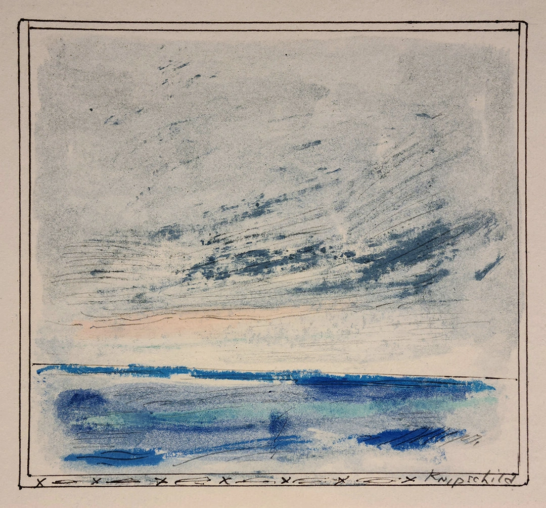 Robert Knipschild, Ocean Blue. Mixed media on paper, 6 x 5 1/2 in. B. Deemer Gallery.