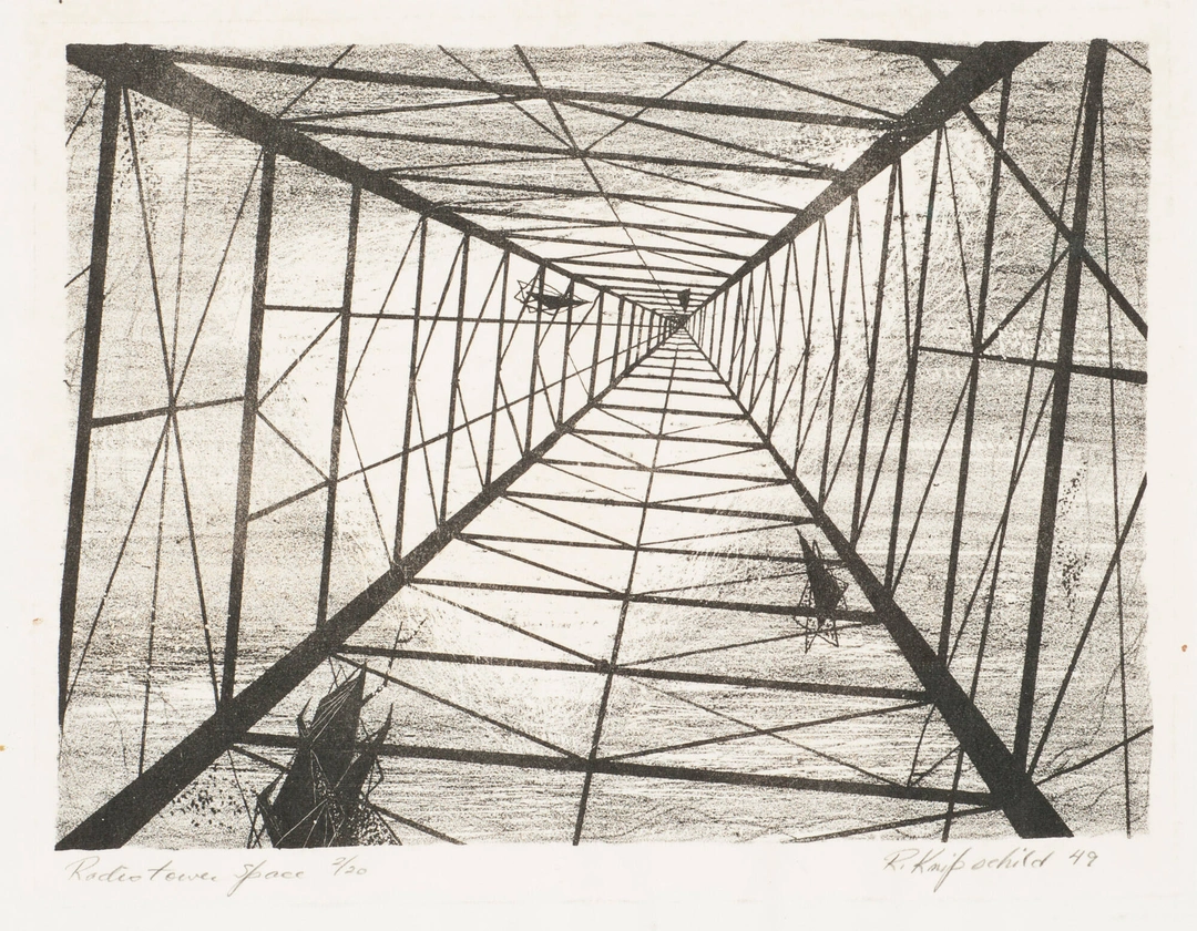 Robert Knipschild, Radio Tower - Space, 1952. Oil and mixed media on panel. Cincinnati Art Museum.