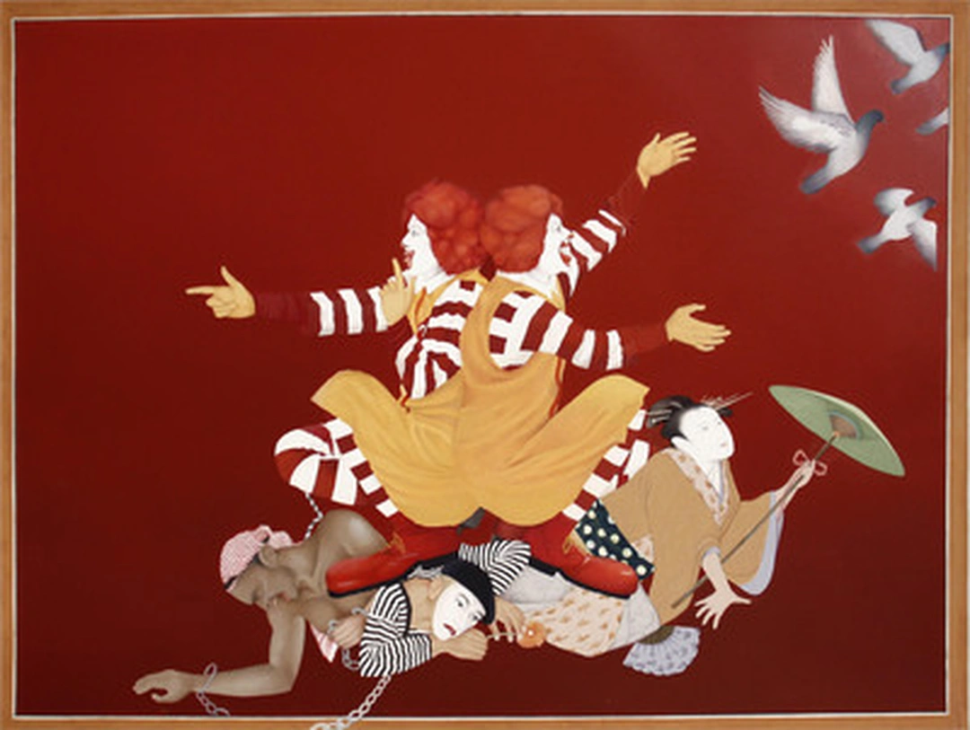 Saira Wasim, We Love to See You Smile, 2010. Gouache, gold leaf, and tea wash on wasli paper, 20 x 14 in. Exhibited in Realms of Intimacy: Miniaturist Practice from Pakistan at the Contemporary Arts Center (CAC), Cincinnati, curated by Justine Ludwig.