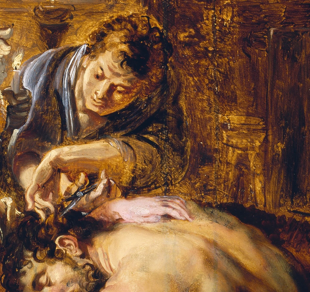 Peter Paul Rubens, Samson and Delilah (detail of barber with shears cutting Samson's hair), ca. 1609. Cincinnati Art Museum.