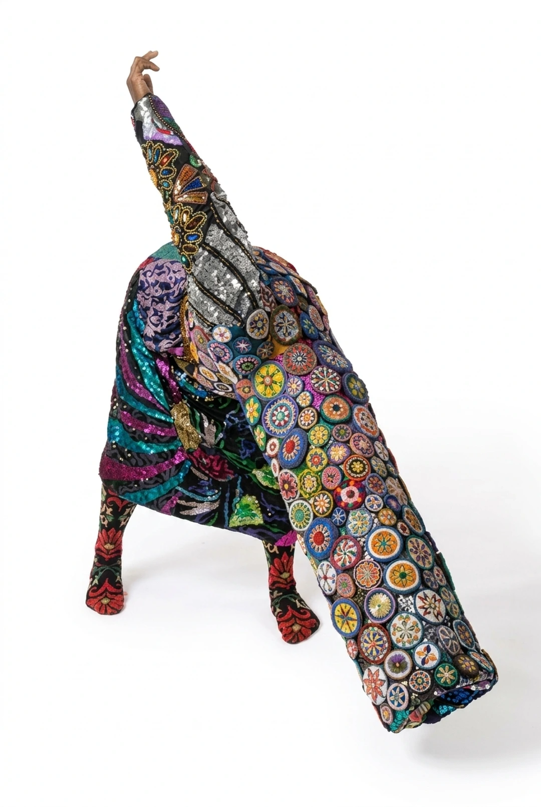 Nick Cave, Soundsuit, 2008. Mixed media with conical headpiece and crocheted buttons. Photo: James Prinz.