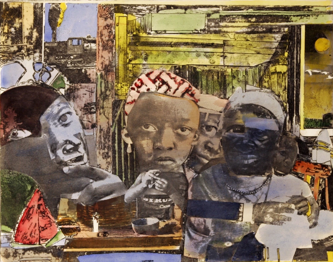 Romare Bearden, Through Freight, 1974. Hand-colored etching from the 12 Trains suite depicting boys at supper with train in the window.