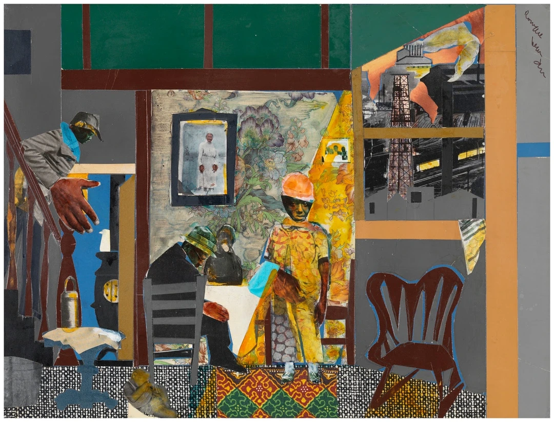 Romare Bearden, Mill Hand's Lunch Bucket (Pittsburgh Memories), 1978. Interior collage with mill hand seated at table.