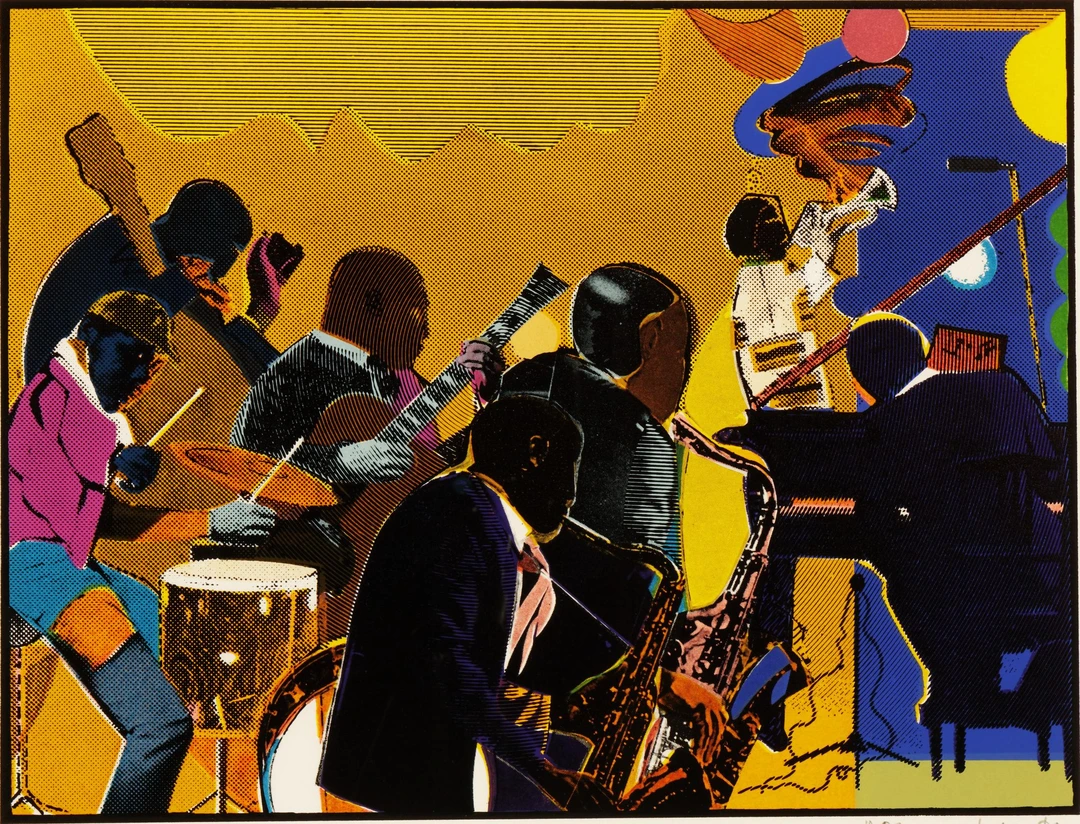 Romare Bearden, Out Chorus, 1979-1980. Jazz musicians performing with saxophone, piano, and trumpet.