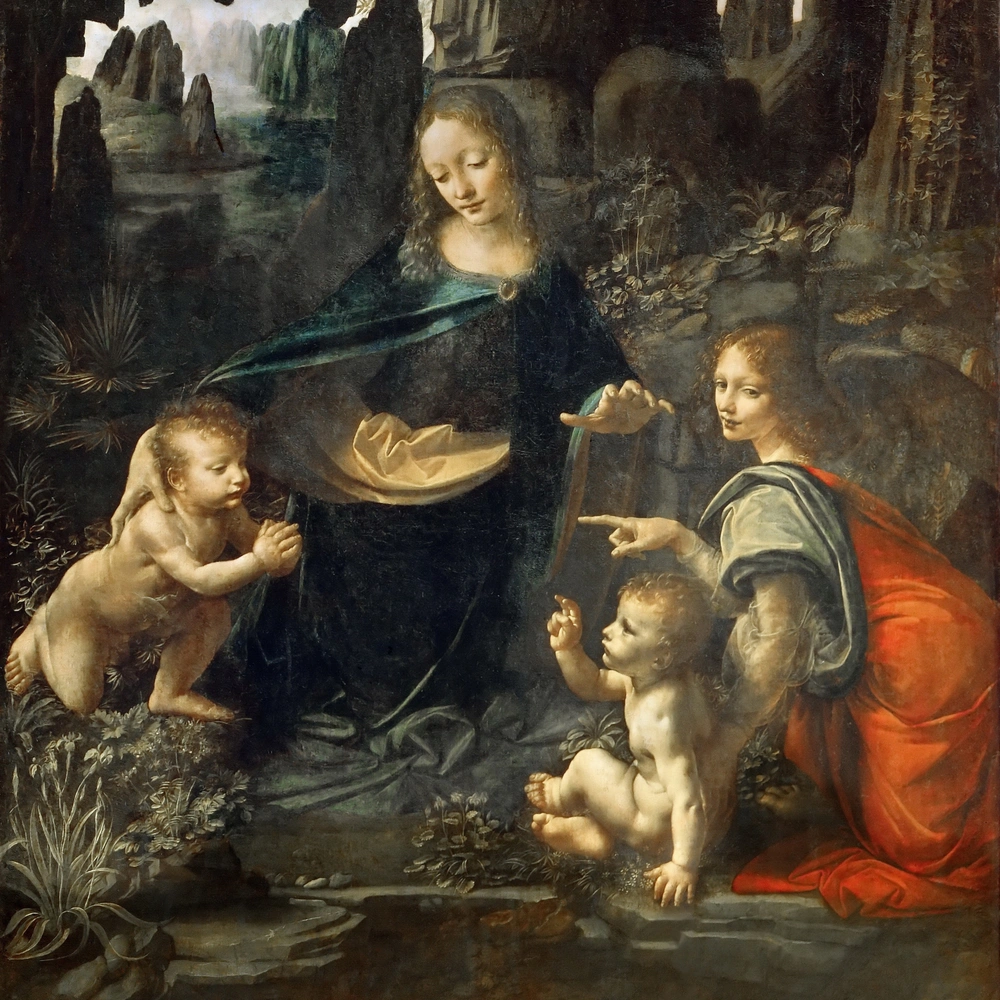 Leonardo da Vinci, The Virgin of the Rocks (detail of the Virgin, Christ child, Saint John, and angel), c. 1483–1486. Musée du Louvre, Paris.