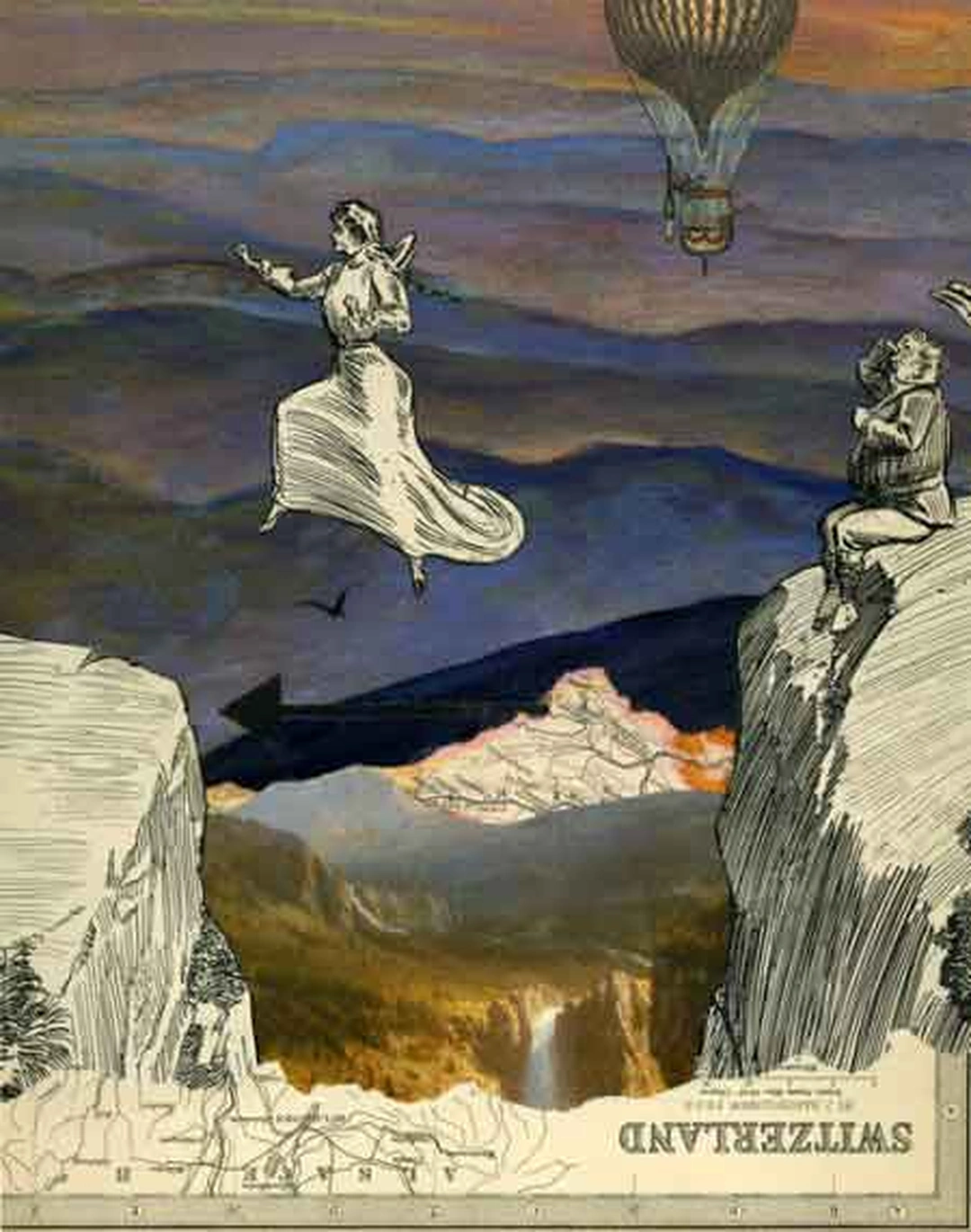 Sara Pearce, The Grand Tour: They Were High In the Alps When Adele Took the Opportunity To Bolt, mixed-media collage: antique Charles Dana Gibson illustration (The Gibson Book, Vol. 2, Scribner's Sons, 1906) and map; recycled book page proof, Italian wrapping paper, travel guide and sewing pattern; colored pencil, watercolor, marker, ink. 7.5 x 9.5 in. on archival mat board, 2012.