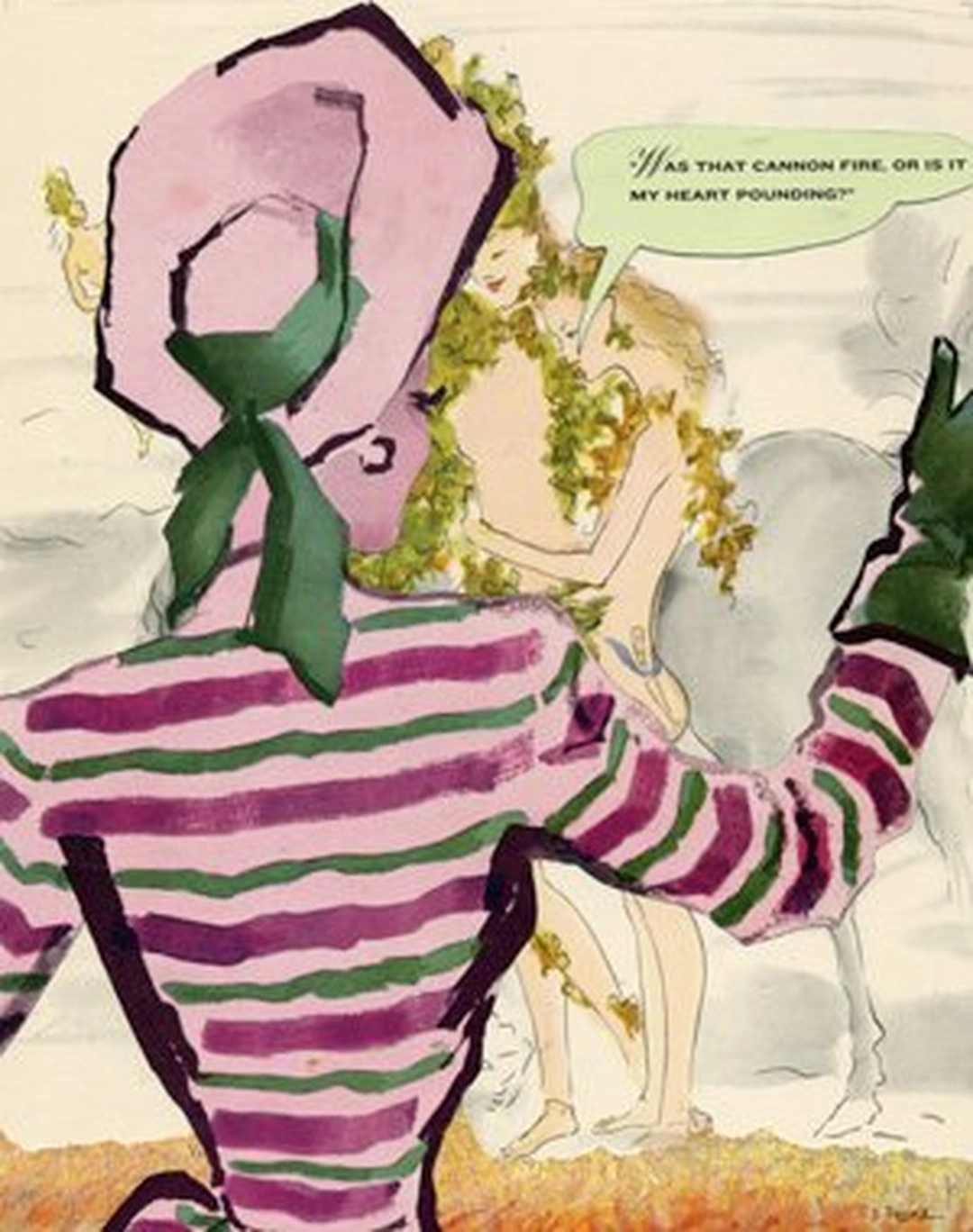 Sara Pearce, Mad Women: Jean Drops Out and Joins a Cult, mixed-media collage: vintage illustrations (Esquire Magazine, Dec. 1939; McCall's Pattern Book, spring 1946); recycled Turner Classic Movies trading card (Casablanca) and Monet exhibition art catalog illustration; ink. 7.5 x 9.5 in. on archival mat board, 2012.