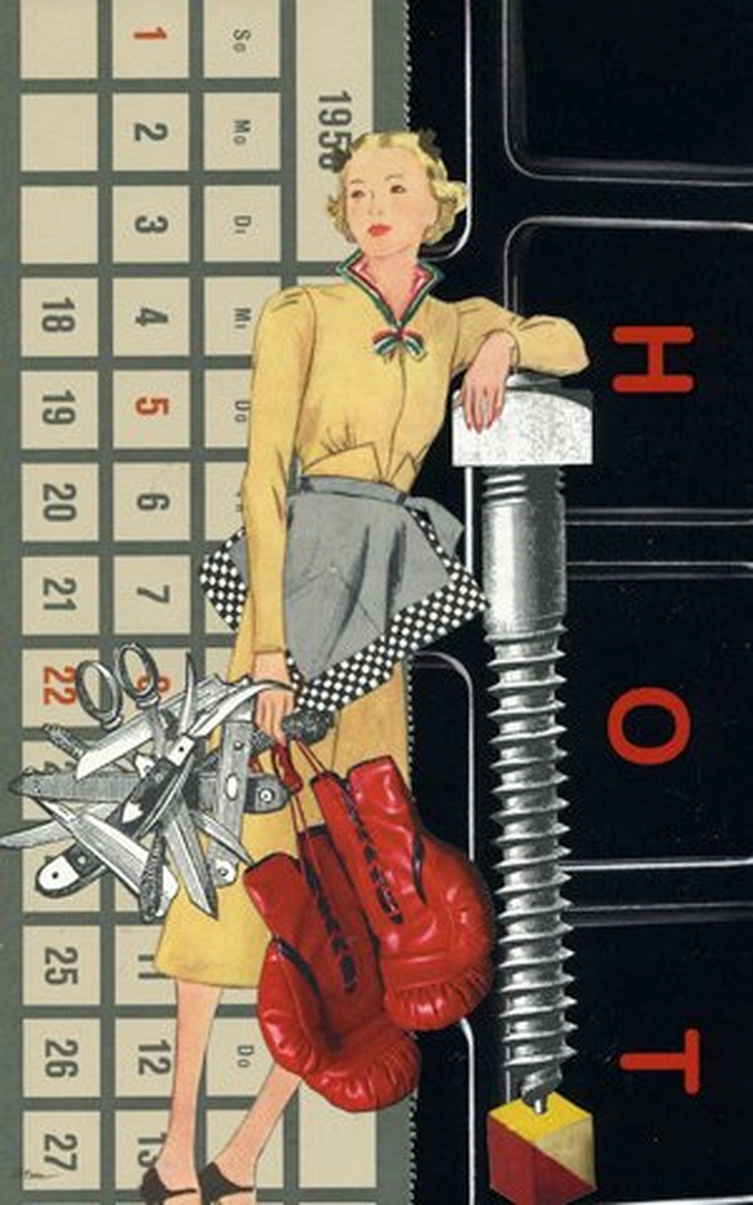 Sara Pearce, Mad Women: The Gloves Were Off, mixed-media collage: vintage illustrations (McCall's Pattern Book, March 1946; Butterick Pattern Book, Fall 1953; Picture Sourcebook, Dover, 1974), vintage Deutsche Bank calendar (1958), recycled ads and flash card, ink. 5.75 x 9.25 in. on archival mat board, 2012.