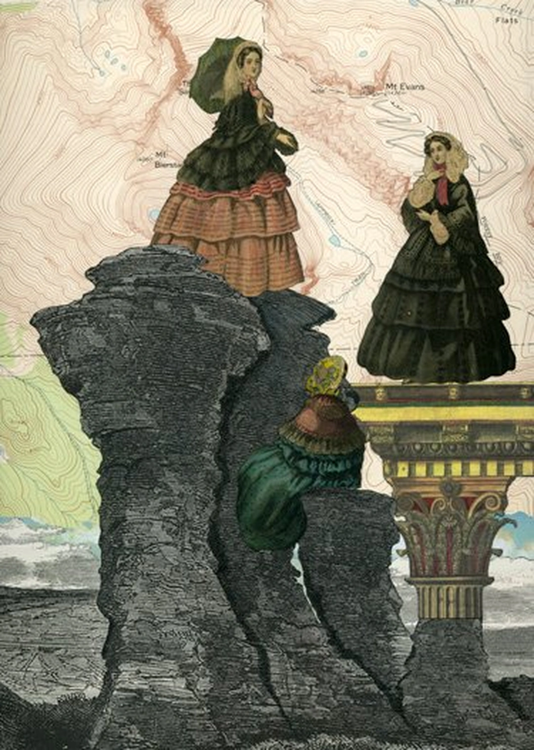 Sara Pearce, The Grand Tour: The Davenport Sisters Were Perfectly Capable of Putting Themselves On A Pedestal, mixed-media collage: antique hand-painted fashion plate (Godey's Lady's Book); vintage U.S. Geological Survey map (Mt. Evans Quadrangle, Colo., 1957) and illustration (Harter's Picture Archive, Dover, 1978); recycled note card and book page proof; watercolor, pearlescent watercolor, colored pencil, marker, ink. 8 x 11.5 in. on archival mat board, 2012.