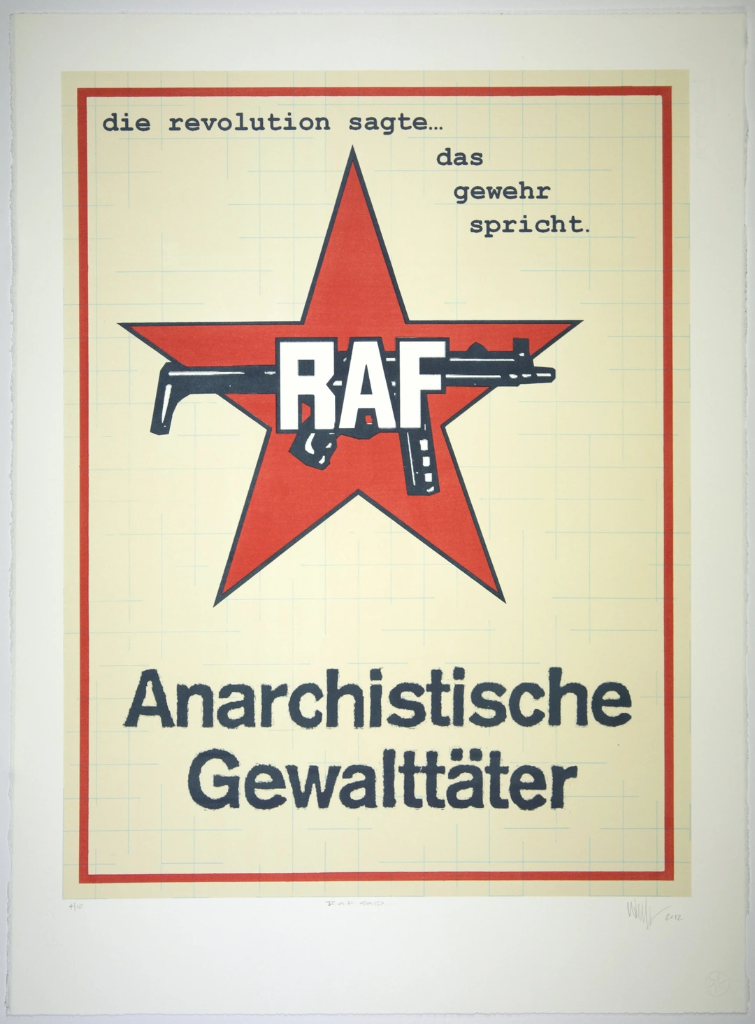 Joseph Winterhalter, RAF said..., from the suite The Revolution Says..., 2012. Lithograph on Somerset paper, 30 x 22 in., edition of 10. Printed at Clay Street Press.