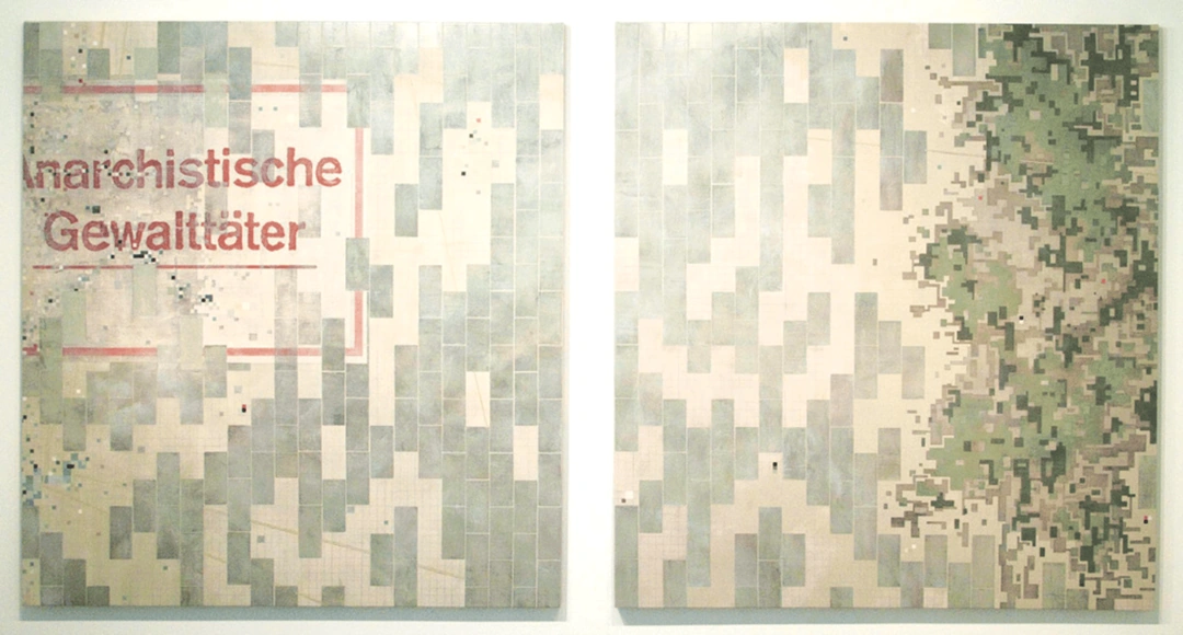 Joseph Winterhalter, LVG 21c. #31: Dissemination...under the big black sun., 2012. Diptych, 78 x 150 in. Acrylic, acrylic resin, carpenter chalk, latex, oil, wax on canvas.