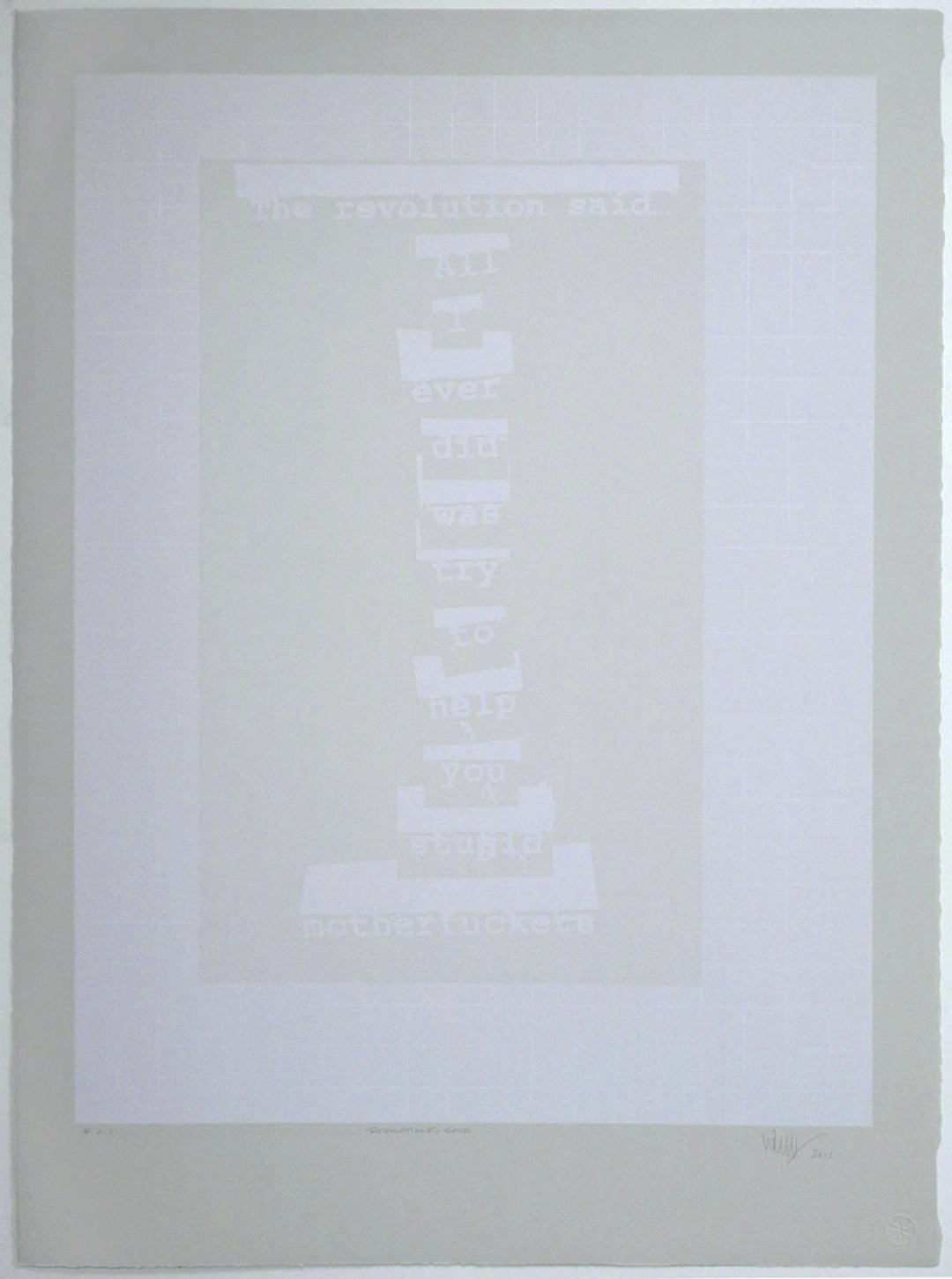 Joseph Winterhalter, Revolutions said..., from the suite The Revolution Says..., 2012. Lithograph on Rives Gray paper, 30 x 22 in., edition of 15. Printed at Clay Street Press.