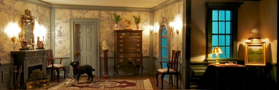 A dog owner himself, it comes as no surprise that dogs feature in many room settings, such as this scene entitled Hunt Country Hall.