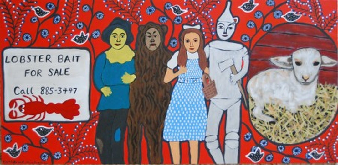 Katherine Michael, work from Reverse Psychology featuring a lobster sign, Wizard of Oz figures and a lamb, 2012.