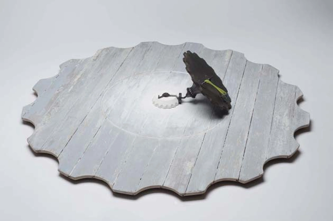 Jamie Obermaier, "An Easy Solution," salvaged wood, steel, bronze, acrylic, silver, 2011.