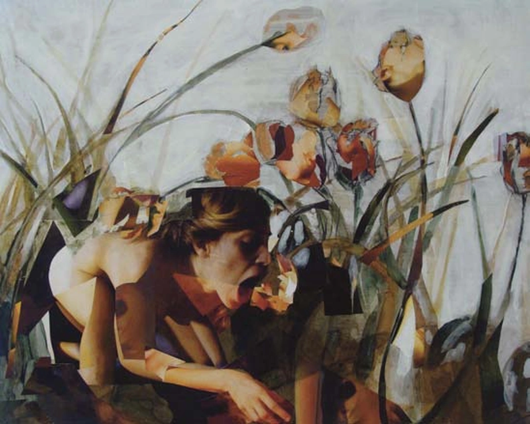 Katie St. Clair, "The Hierarchy of Living Things," acrylic, photo and collage, 2011.