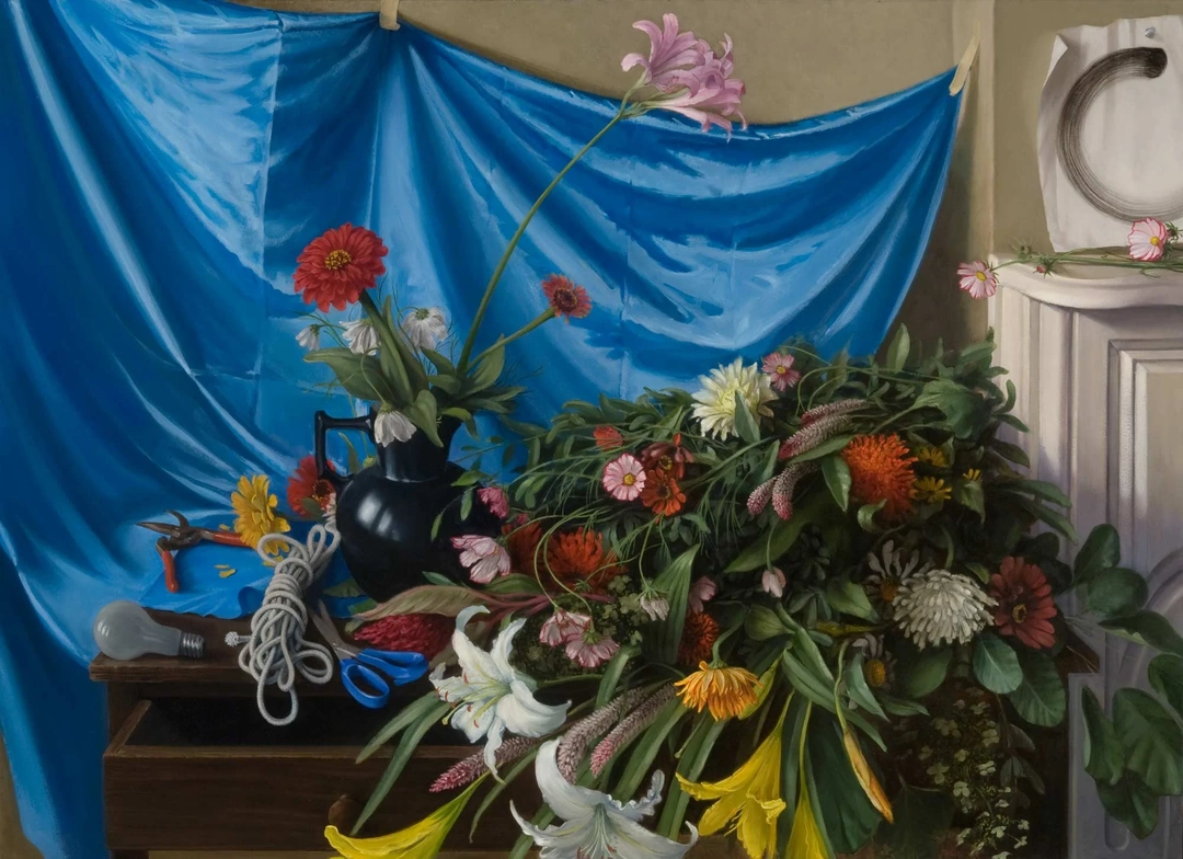 Sheldon Tapley, Still Life With Flowers, 2007, oil on aluminum laminate panel, 36 x 48 inches.