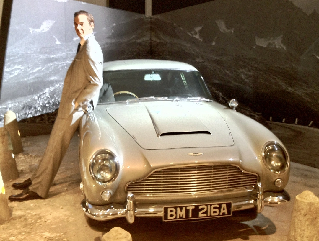 James Bond's Aston Martin DB5, featured in Goldfinger (1964) and Thunderball (1965), on exhibition in July 2012.