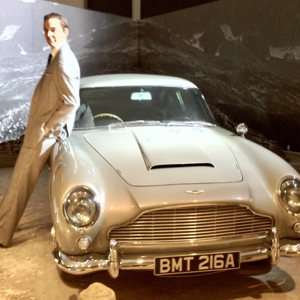James Bond's Aston Martin DB5, featured in Goldfinger (1964) and Thunderball (1965), on exhibition in July 2012.