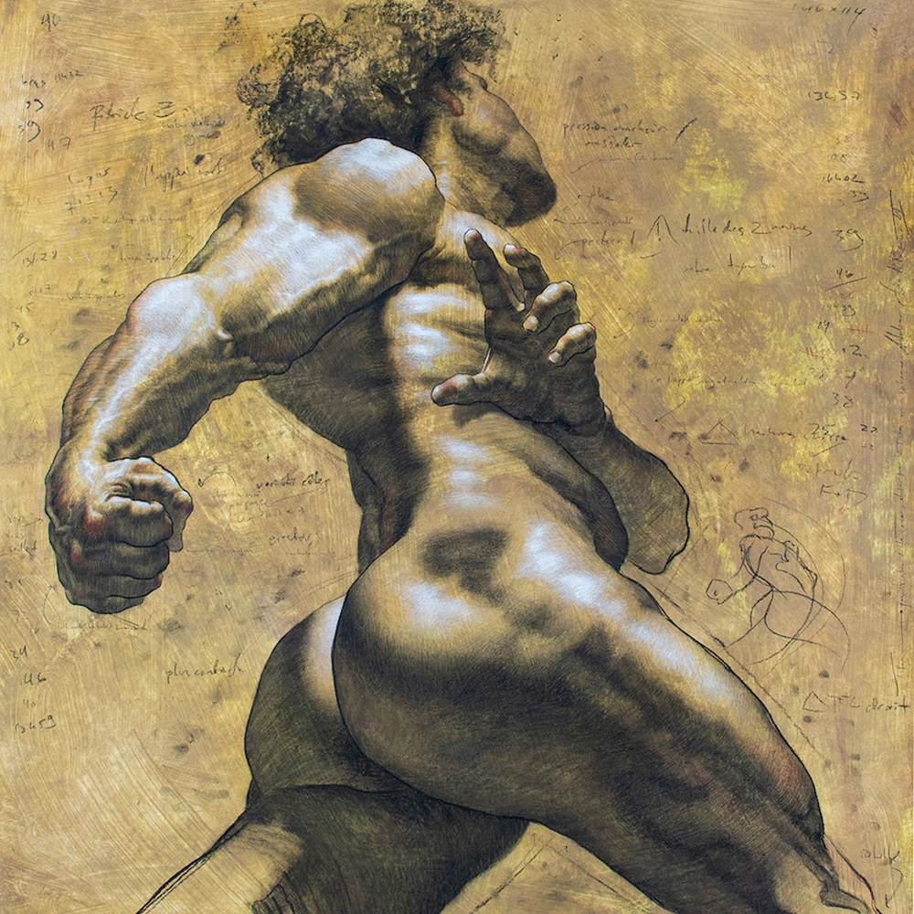 Shane Wolf, figure drawing study in trois crayons. Example image published by Manifest Drawing Center in 2022; the drawing itself is undated.