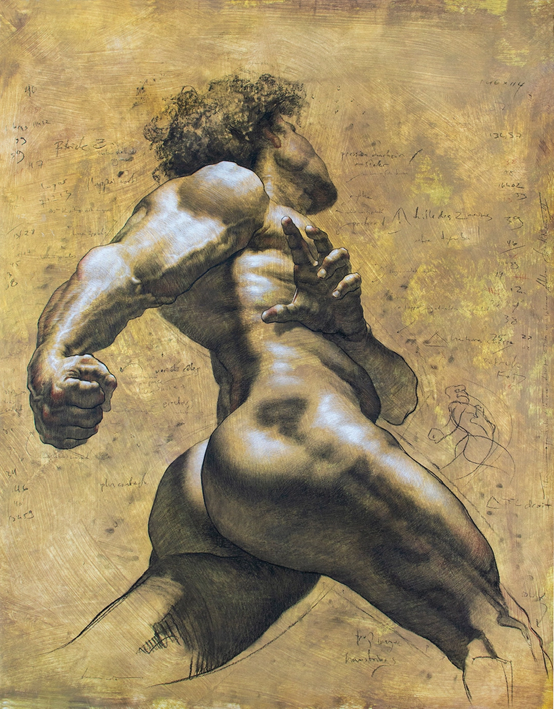 Shane Wolf, figure drawing study in trois crayons. Example image published by Manifest Drawing Center in 2022; the drawing itself is undated.