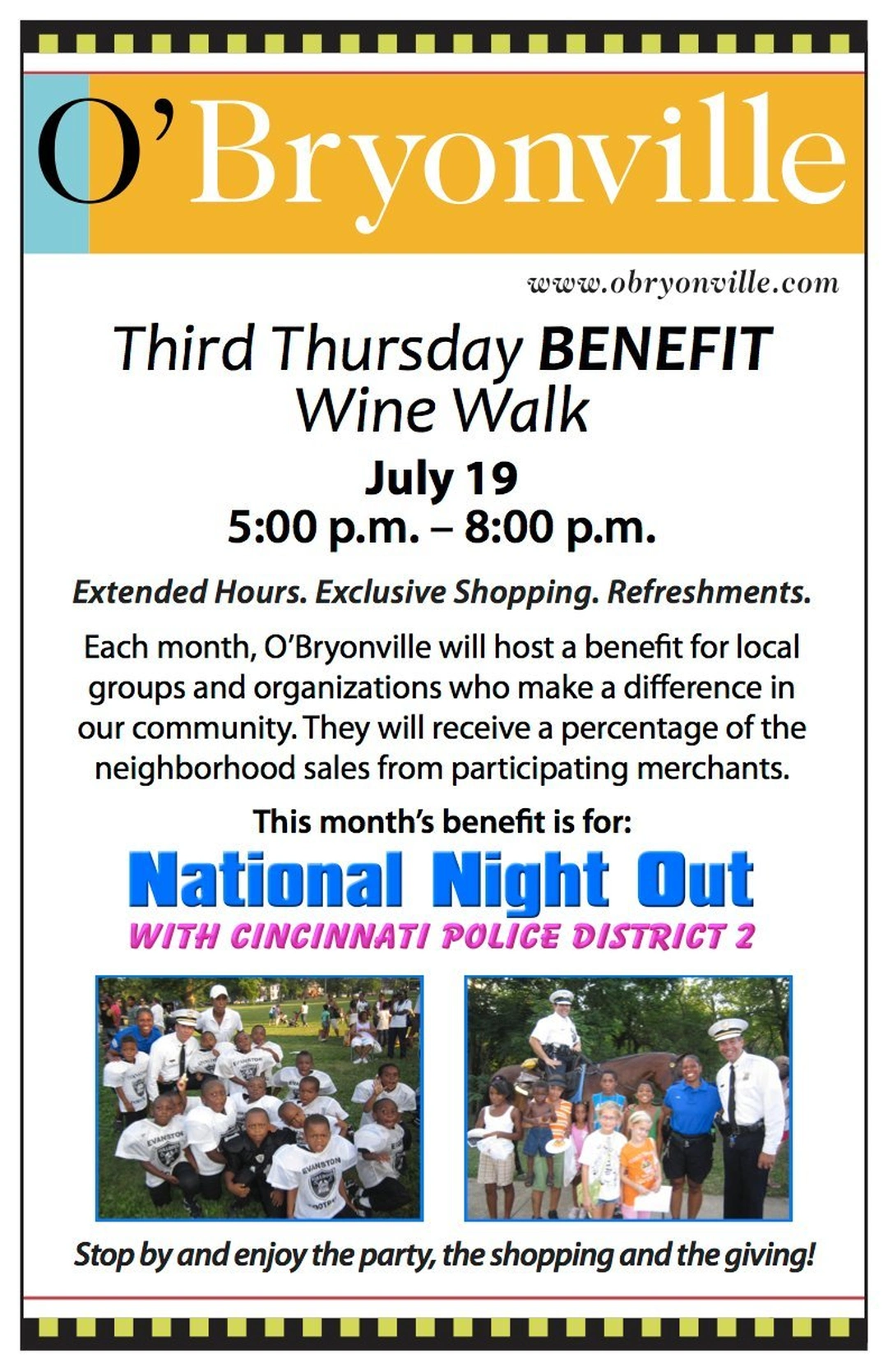 Third Thursday Benefit Wine Walk event flyer, O'Bryonville, July 19, 2012