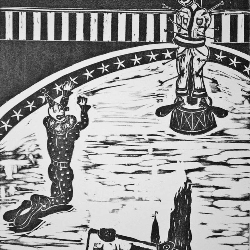 A woodcut from The Clown Genocide, Billy Simms; external related work from the same series, not the exact article reproduction.
