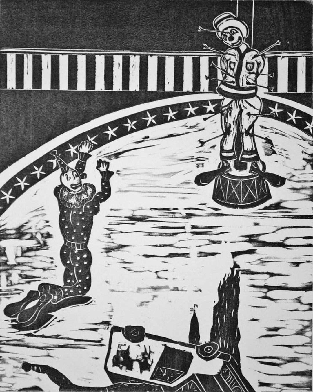 A woodcut from The Clown Genocide, Billy Simms; external related work from the same series, not the exact article reproduction.