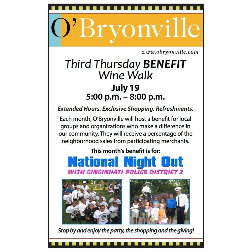 Third Thursday Benefit Wine Walk event flyer, O'Bryonville, July 19, 2012