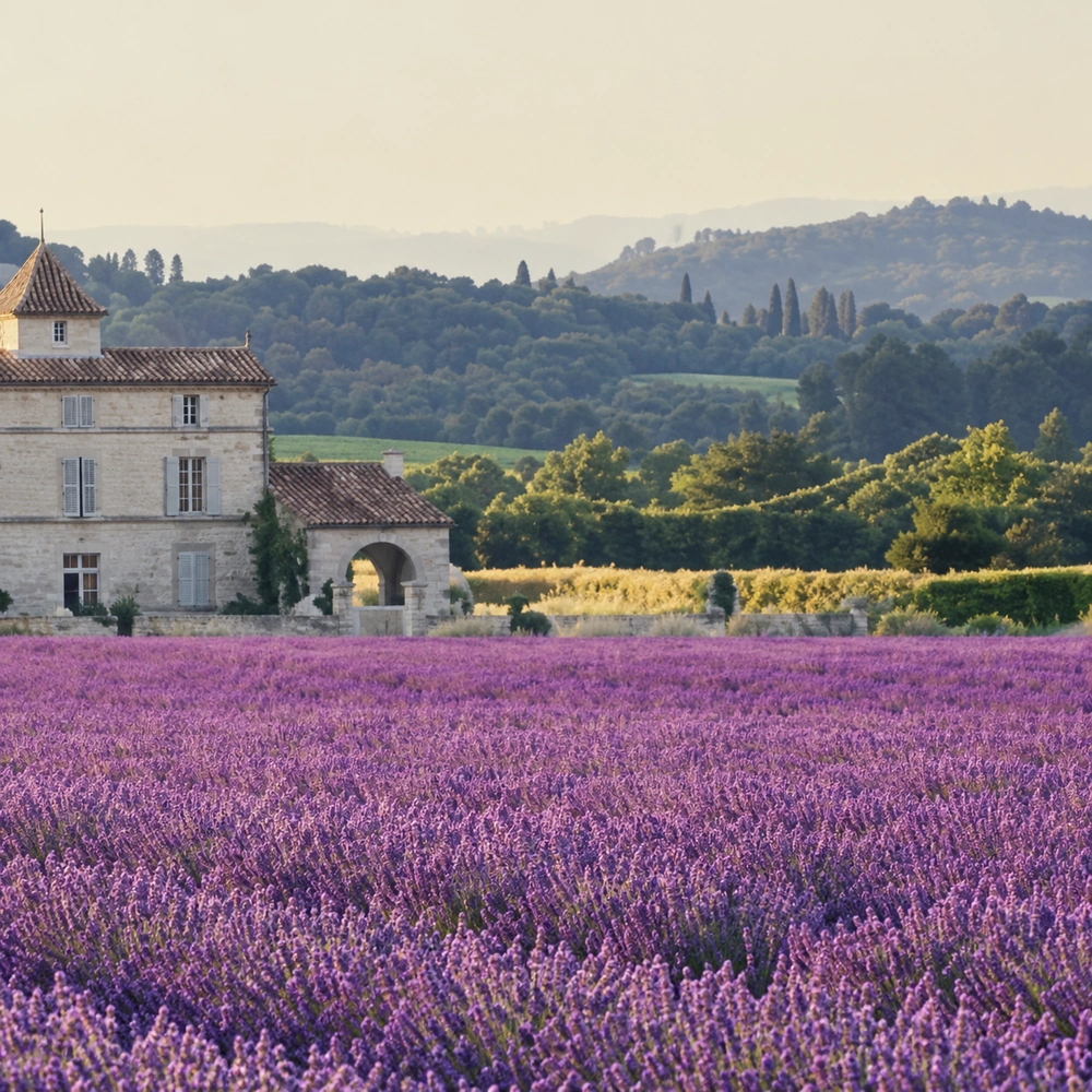 Provence landscape with lavender field, distant hills and chateau.