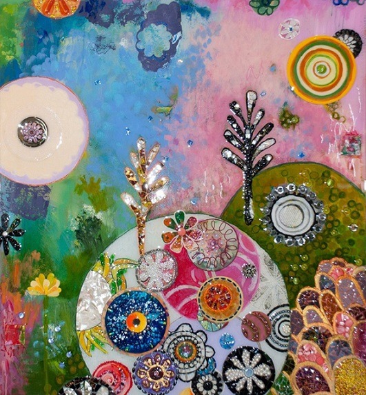 Suzanne Fisher, “Double Happiness”, 2011. Mixed media with resin, 36 x 40 in. (Reproduction from the artist's website; not among the images published with the 2012 review.)