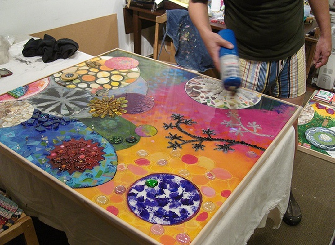 Suzanne Fisher, “The Ocean Floor”, 2012. Work in process: torching resin; mixed media with resin, 36 x 40 in. (Reproduction from the artist's website; not among the images published with the 2012 review.)