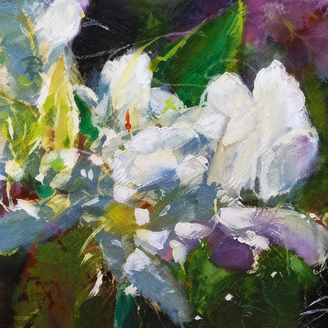 White Ginger, Frank Satogata (acrylic and oil pastel on canvas, 20x30). (Square detail from the AEQAI archive thumbnail, digitally reconstructed; may contain discrepancies from the original artwork.)