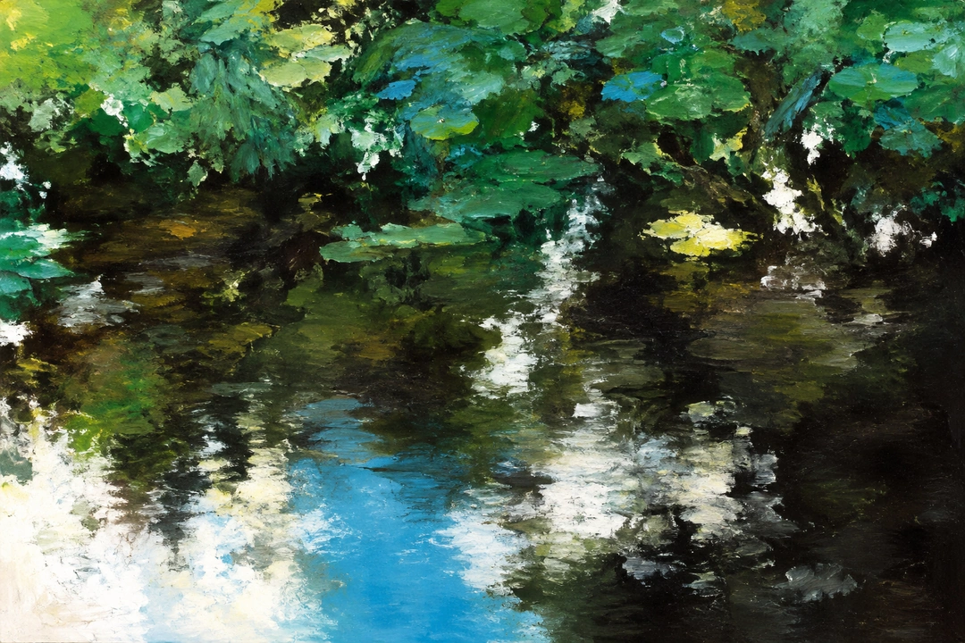 Lily Pond I, Frank Satogata, acrylic and oil pastel on canvas, 22x32. (Digitally reconstructed from a 75 px archive thumbnail; may contain discrepancies from the original artwork.)