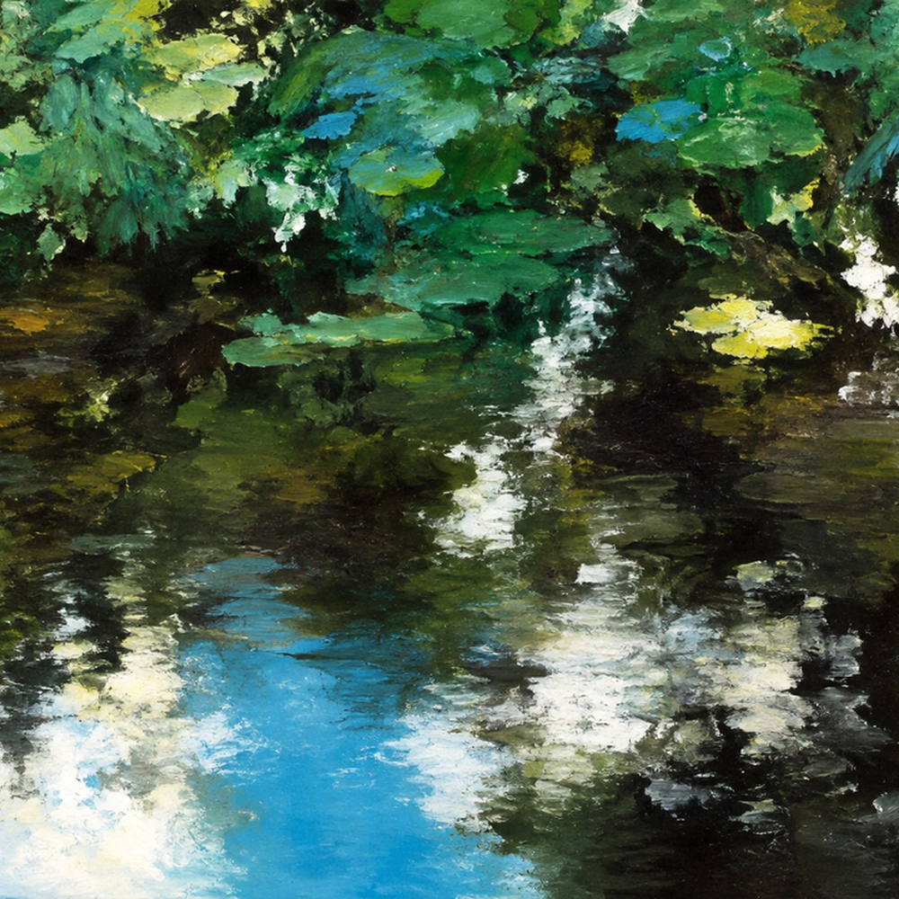 Lily Pond I, Frank Satogata, acrylic and oil pastel on canvas, 22x32. (Digitally reconstructed from a 75 px archive thumbnail; may contain discrepancies from the original artwork.)