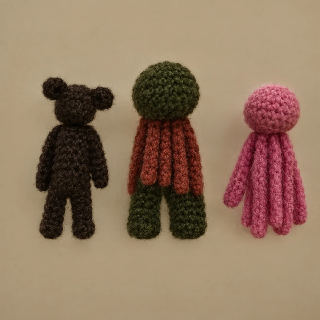 K. T. Swartz, “Bartholomew,” 2010, 11 inches tall; “Mario,” 11 inches tall; and “Myron,” 9 inches tall, both 2011; crochet from acrylic yarn. (Digitally reconstructed from a 75 px archive thumbnail; may contain discrepancies from the original artworks.)