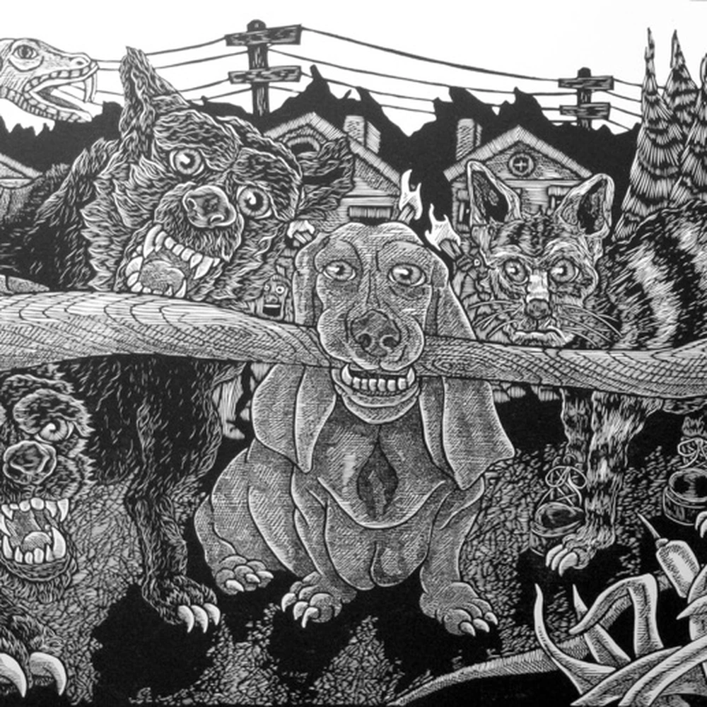 Derrick Riley, “Axe Handle Hound.” Reproduction from the artist’s press, dRock Press.
