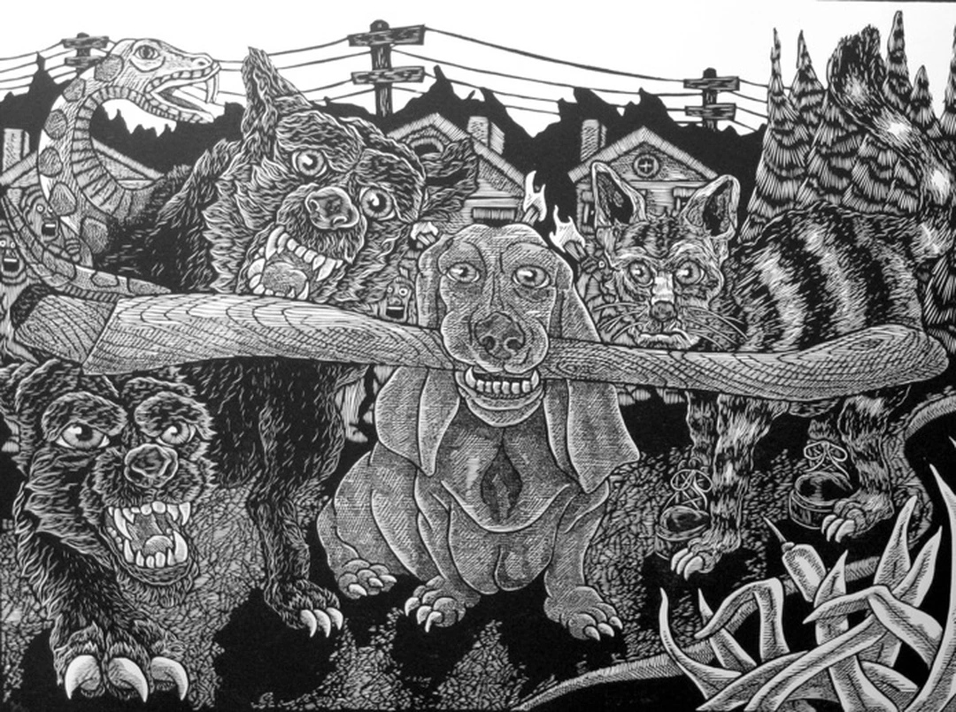 Derrick Riley, “Axe Handle Hound.” Reproduction from the artist’s press, dRock Press.