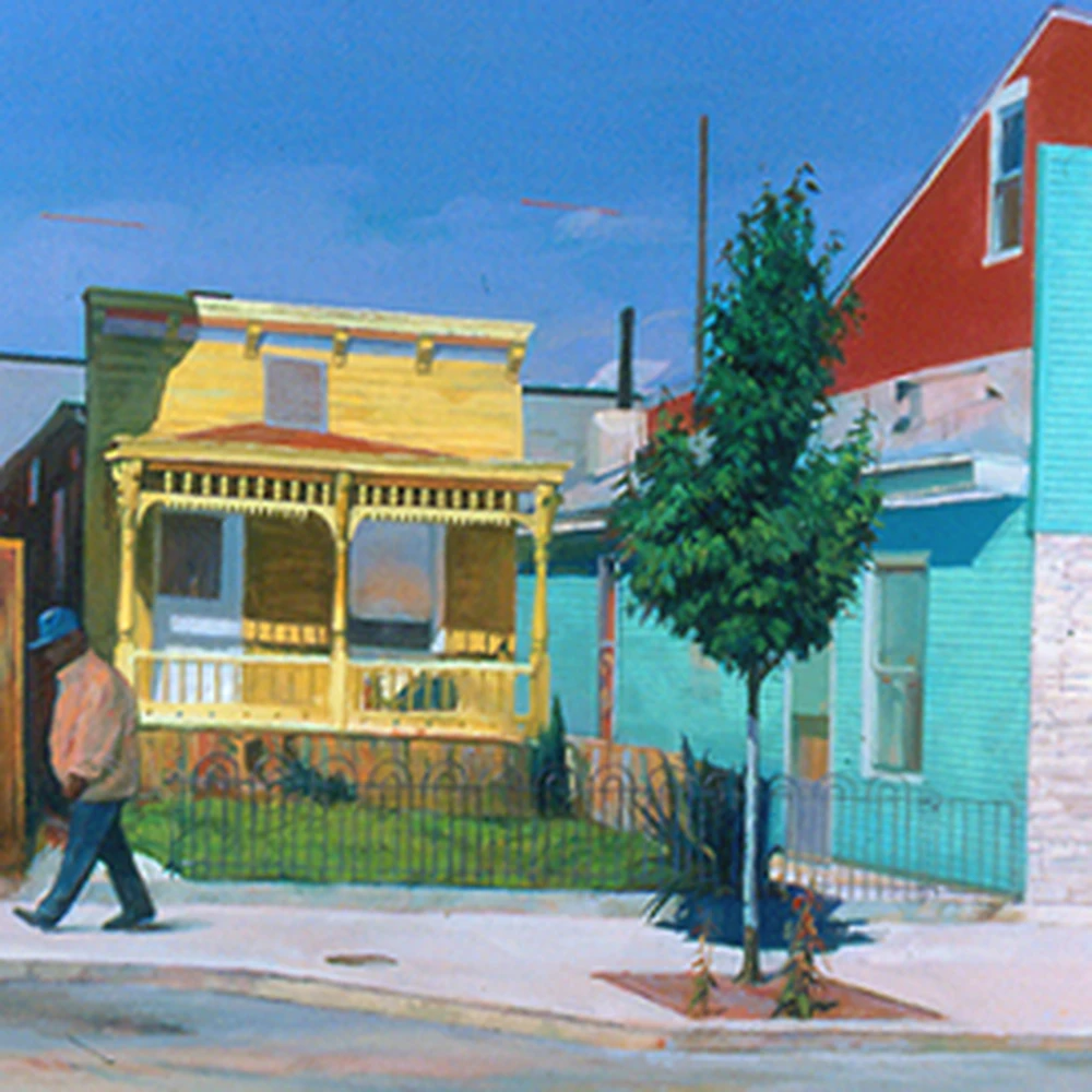 Gingerbread on Main Street, by Marlene Steele, oil, currently exhibited in the Gubernatorial Office, Columbus, Ohio. (Reproduction from the artist's website.)