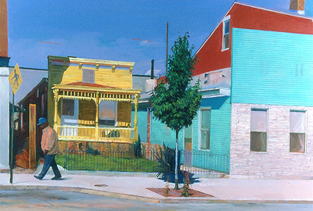 Gingerbread on Main Street, by Marlene Steele, oil, currently exhibited in the Gubernatorial Office, Columbus, Ohio. (Reproduction from the artist's website.)