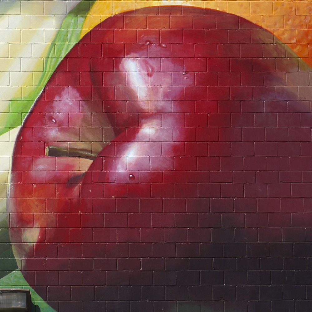 Detail of painted apples in Jonathan Queen’s “Fresh Harvest” mural, Cincinnati, April 2017. Photograph by @scenesfromthesidewalk, via Street Art Cities. (Related image located during this archive’s reconstruction.)